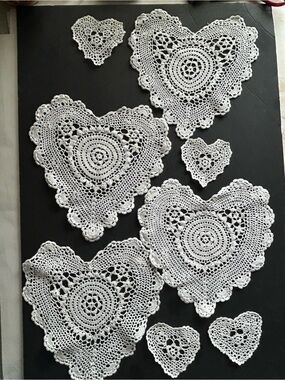 Handmade White Crochet Heart Doilies - Salad Plate/ Coaster Set of 8